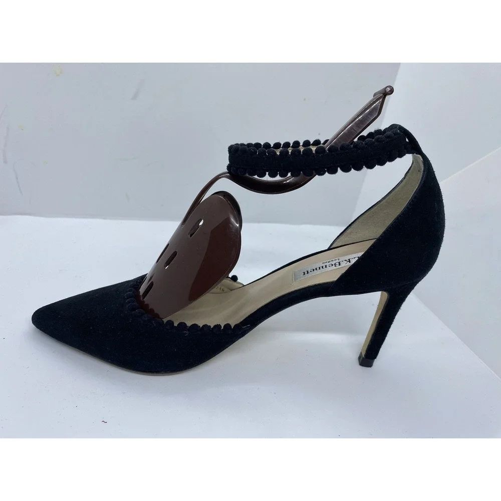 Black LK Bennett Ellora Suede Pom-Pom D'Orsay Ankle Strap Sandal Sz 39 US 8.5